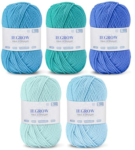 iEGrow Häkelgarn 250g (50g x 5 Farben), Acryl Garn zum Stricken, Garn zum Häkeln und Stricken, Handstrickgarn-Sets, Wolle Zum Stricken，Glänzend und hautfreundlich Yarn Set Für 4-6 mm Häkelnadeln 01