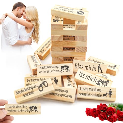 Lust Tower Deutsch,Blöcke Paare Spiele Für Erwachsene,48 Stück Super Naughty Block Tower Spiel,Deutsche Spiele für Paare, lustiges Valentinstag-Spiel für Erwachsene