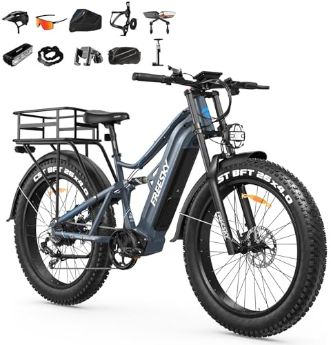 FREESKY 2500W BAFANG Motor Electric Bike for Adults, 48V 30Ah Battery Ebike 120 Miles, 38+MPH, 26 Fat Tire Mountain E Bike, Full Suspension, UL 2849 Certified by TÜV(with Basket&Accessory Kits)
