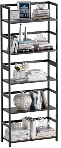 vovala 5-Tier Bamboo Wood Ladder Bookshelf, Tall Display Storage Shelf, Large Bookcase Modern Industrial Stand Organizer for Home, Office, Living Room, Kitchen, Bedroom, Black