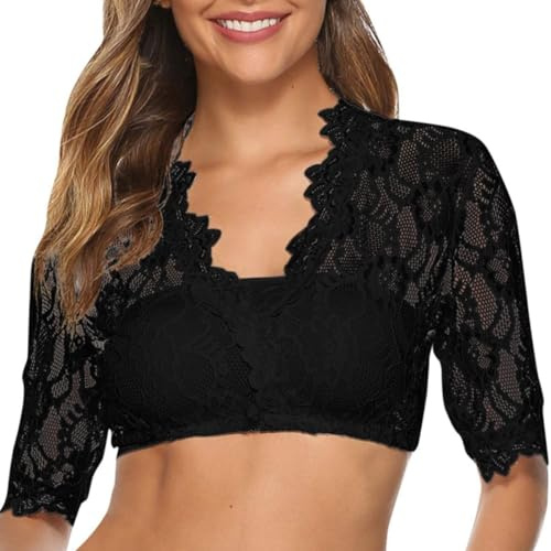 Blusa Oktoberfest para mujer, sexy top corto de encaje con mangas 3/4, blusa manga corta malla transparente para fiesta rave, blusa tradicional Dirndl for disfraz de Oktoberfest camisa blanca corta