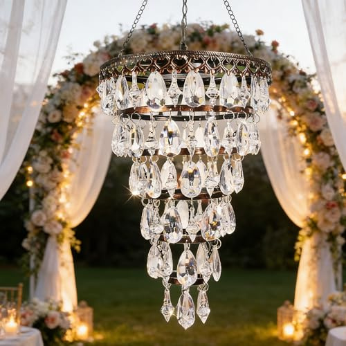 Solar Hanging Acrylic Crystal Chandelier Outdoor Garden Decorative Lights Bright Warm LED and 5ft LED Strip Weatherproof Tree Hanging Lantern for Mom's Gifts Garden Gazebo, Party, Wedding 6 Tier