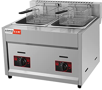 Friteuse à gaz avec panier et couvercle – Friteuse professionnelle à double cuve en acier inoxydable pour cuisine de restaurant, camping en plein air, friteuse portable au propane et au GPL