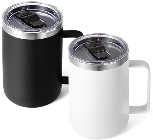 Volhoply 470ml (16oz) Insulated Coffee Mug with Lid and Straw, Stainless Steel Travel Mugs with Handle, Double Wall Vacuum Leak Proof Coffee Tumbler Cup (Assorted,2)