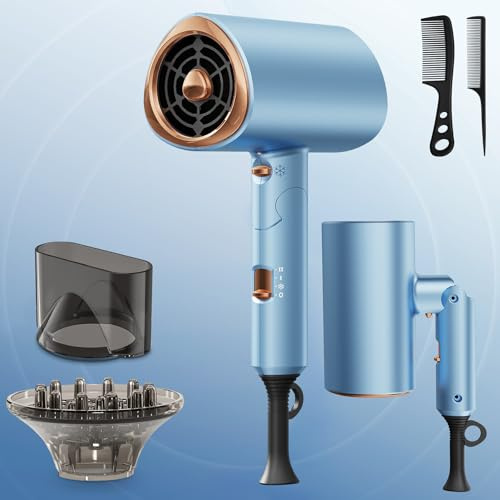 Sèche-cheveux avec Diffuseur, 2000W Ionique - 3 Niveaux de Chaleur, Fonction Air Froid, Compact et Pliable pour Voyage - Léger et Silencieux - Pour Femmes et Hommes (Outils de Coiffure Maison & Voyage