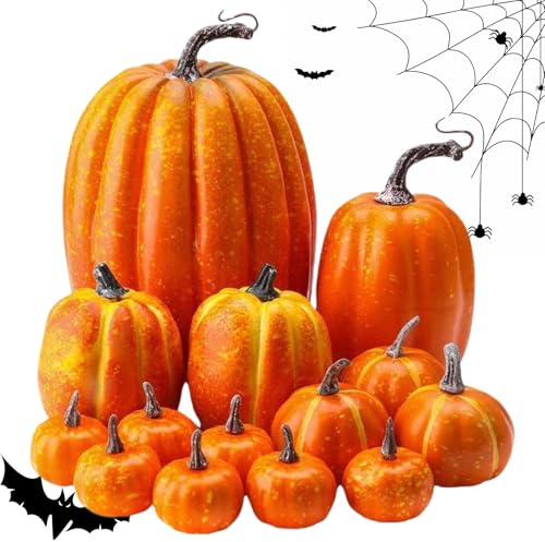 Generico Zucche Finti - Set Decor Autunnali in Schiuma - 14 Pezzi Addobbi Halloween Autunno per Feste Portico Interno Esterno Festività