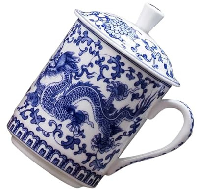 POPETPOP Juego de Tazas de Cerámica Azul y White para Café y Leche, Tapa y Diseño Único, Aptas para Bebidas Diarias y Fácil Limpieza