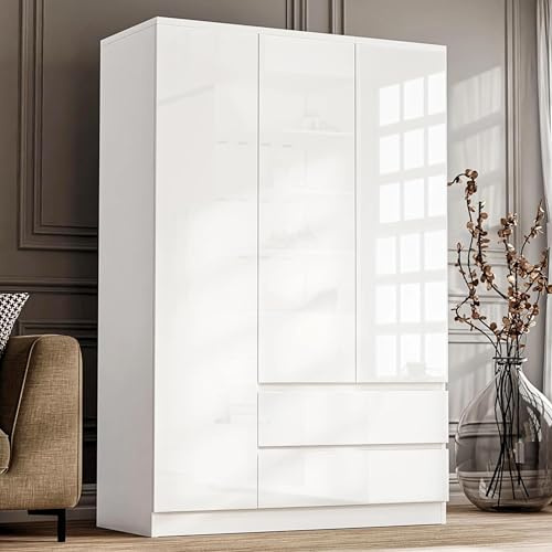 Blisswood High Gloss 3 Door Wardrobe – MDF Wooden Bedroom Wardrobe with Hanging Rail, Modern Large Storage Cupboard with 5 Shelves and 2 Drawers, Triple Wardrobe for Bedroom Furniture (White)