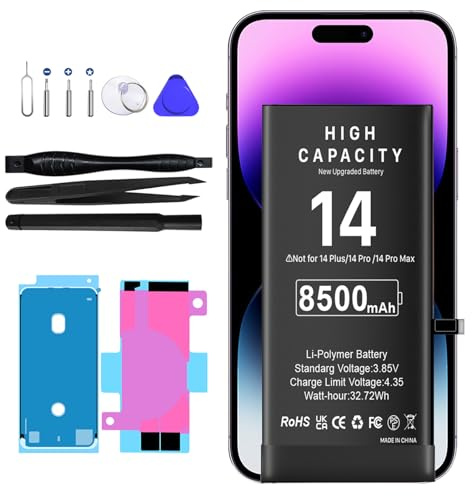 8500mAh Batterie pour iPhone 14, Remplacement Batterie de Haute Capacité avec A2649, A2881, A2882, A2883, A2884, 0 Cycles, Kit de Réparation Complet