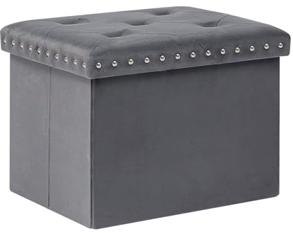 Bonlife Faltbare Aufbewahrungsbox Sitzhocker mit Stauraum, Nieten Sitztruhe Sitzwürfel Fußablage, Gepolsterte Sitzfläche,Grau,Samt,42x32x32cm