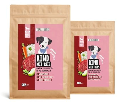 Hundefutter Rind & Reis Hundefutter Trocken – Trockenfutter für Hunde 2x4Kg | Tierärztlich entwickeltes Hundetrockenfutter Monoprotein & gut verträglich – Hypoallergenes Trockenfutter von TIERLIEBHABER