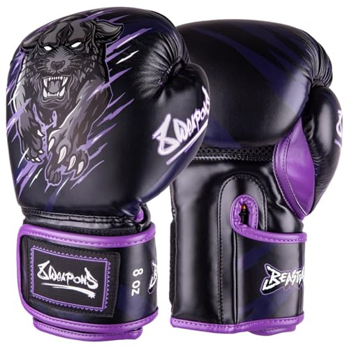 8 WEAPONS Boxhandschuhe Kinder, Beastial Panther, Schwarz-Lila, Kinder Boxhandschuhe, Kunstleder, Perfekte Dämpfung für optimalen Schutz, Handschuhe für Muay Thai, K1, Boxen, MMA und Kickboxen, 10 Oz