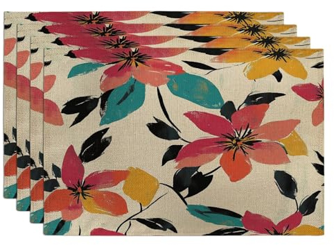 Spring Watercolor Clematis Flowers Placemats Set of 4, 12x18 Inch, Fun Cute Florals 4Pcs Table Mats for Dinning, Plant Holiday Home Kitchen Decor