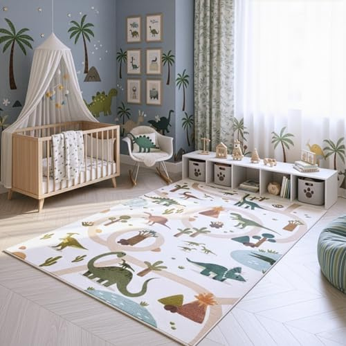 SIMPEX Kinderteppich Dinosaurier Spielteppich für Kinderzimmer in Creme Dino Motiv mit Straßen Größe 120x170 cm ideal als Spielteppich