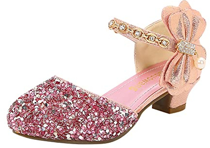 YIzdegg Flicksandaler, glitter, högklackade skor, prinsesskor med ankelrem, kristallskor, glitter, bröllopsskor, eleganta klackskor, stängda tåskor, balettskor för present flicka, ROSA, 33 EU