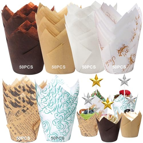 TOSUTO 300 piezas Papel para Magdalenas,Papel Molde Muffin Cases,6 Estilos,tMoldes de Horneado para Magdalenas, Muffins,Hornear,Cupcakes,Pastelería,Cumpleaños,Bodas,Fiesta