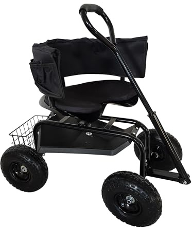 Relaxdays fahrbarer Gartensitz, höhenverstellbar, 150 kg, Stauraum, Lenkstange, Sitzkissen, Lehne, Gartenwagen, schwarz | Lenkstange, Sitzkissen, Lehne, Gartenwagen