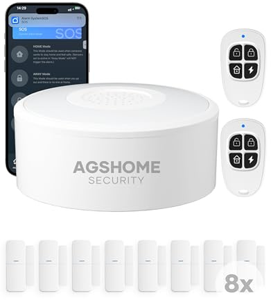 AGSHOME Alarmanlage 11-teilig, WLAN Smart Home Sicherheitssystem mit lauter Sirene (120 dB), 8 Tür-/Fenstersensoren, 2 Fernbedienungen, 8 h Notstrom, kompatibel mit Alexa & Google, Keine Gebühren