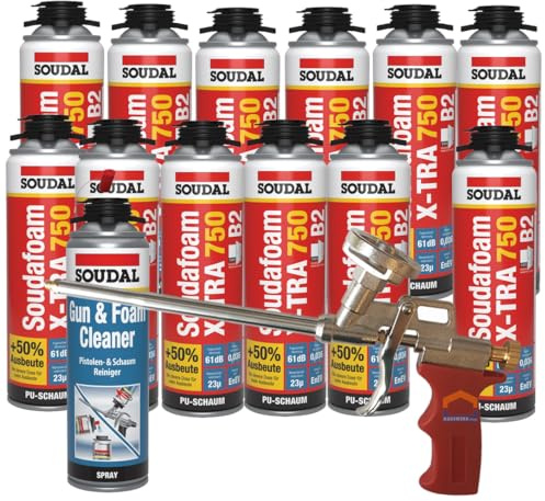 Soudal Kombi Set 12 x Soudafoam B2 X-TRA750 500ml Pistolenschaum Verfüllung Bauanschlussfugen inkl. Reiniger + Schaumpistole Compact- gebrauchsfertig, schall- und wärmedämmend
