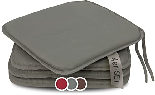 ZOLLNER 4er Set Sitzkissen in 38x38cm - gemütliche Stuhlkissen mit Bindebänder - waschbar bis 30°C - in grau - Oeko Tex® Zertifiziert