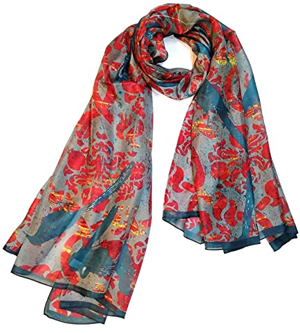 SeaBright Damen Schal Tuch 100% Seide Seidenschal Chiffon Paj dünn leicht transparent 4 Momme SC-S-BH-2103-10 Rot Blau Braun