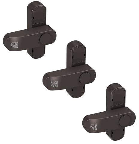 BASI | Fenstersicherung 3er Set | Weiß Braun | Zusatzsicherung für einflügelige Fenster Fenstertüren | verriegelbar mit Druckknopf | Schwenkriegel | Einbruchschutz | Farbe Braun | 3 Stück