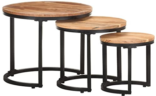 vidaXL Akazienholz Massiv Beistelltisch 3-TLG. Industriestil Couchtisch Satztisch Kaffeetisch Sofatisch Wohnzimmertisch Teetisch Tisch