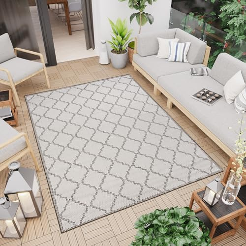 TAPISO Capri Outdoor Teppich Balkon Terrasse Küche Wohnzimmer Flachgewebe Grau Beige Marokkanisch Kleeblatt Sisal Optik Strapazierfähig Modern Design Indoor 80 x 150 cm