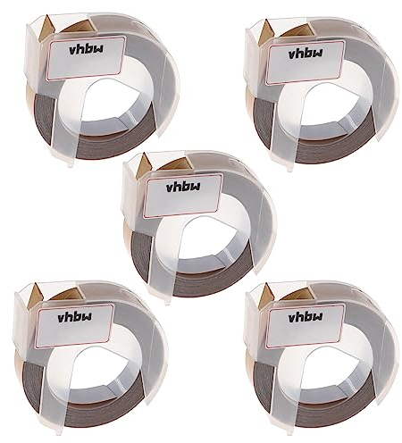 vhbw 5X 3D Prägeband-Schriftband-Kassette kompatibel mit Dymo 1855, Jet, Junior, 1755, 1765, 1805 Etiketten-Drucker 3m x 9mm Weiß auf Gold