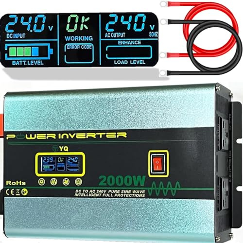 YQ Pure Sine Wave Inverter 24V to 240V 2000W 4000W Peak for Truck Lorry Coach Microwave Converter USB LCD