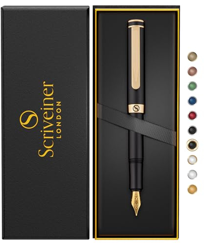 Scriveiner Luxus-EDC Füllfederhalter (Fein), schwarzer Taschenfüller, Echtvergoldung, Schmidt Feder vergoldet, Konverter, Schreibgeräte-Geschenkset für Mann & Frau, schöner Büro Designer-Stift