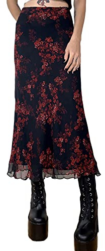Miolasay Kvinnor Y2K Fairy Grunge Midi-kjolar hög midja lappverk en linje lång kjol vintage blommigt tryck maxikjol grunge Fairycore streetwear, F-svart, S