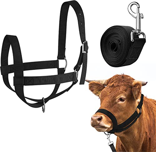 Hillban Cabestro de Vaca Ajustable para Ganado con Cuerda líder para Caballos en Miniatura, Burro, Cabra, Potro, Suministros de Entrenamiento de Ganado (Grande, Negro)