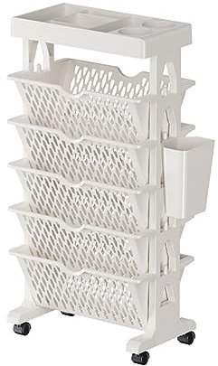 HACLEN Mobiles Bücherregal Auf Rädern, 6-Stufiger Zeitschriftenständer, Bücherwagen Mit Seitlichem Organizer, Stehender Mobiler Bücherregalwagen,Weiß