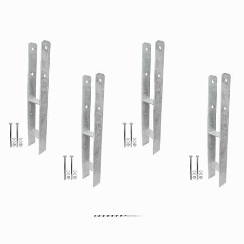 1 Set bestehend aus 4 H-Pfostenträger feuerverzinkt verstärkt 5,5/600 mm für 120 mm Pfosten, inkl. Befestigungsset und Schlangenbohrer