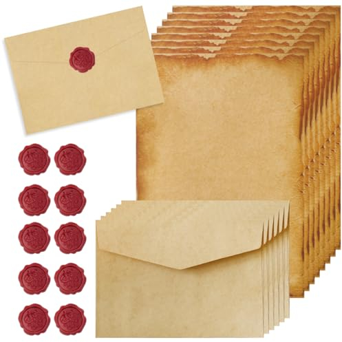 Vintage Briefpapier Mit Umschlag Set mit 16 A5 Altes Papier, 10 Vintage-Papier Umschläge,10 Wachssiegel-Aufkleber, Briefpapier Mit Umschlag Vintage, Mittelalterliches Briefpapier, Notizpapier