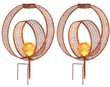 2er Set Solarleuchten mit Dekorstanzungen in Rostoptik & Glaskugel, H 42cm
