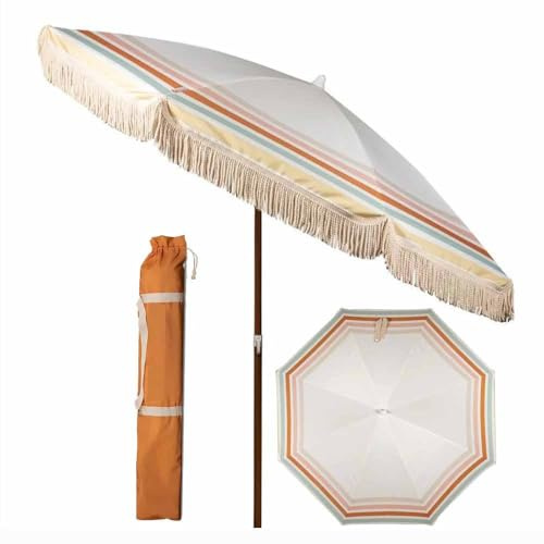 ZYBOWAYL Parasol de Jardin Bohème 220cm/7.2Ft, Parasol de Extérieur avec Frange, Inclinable, Protection UV, Imperméable, Portable, pour Balcon, Plage, Terrasse