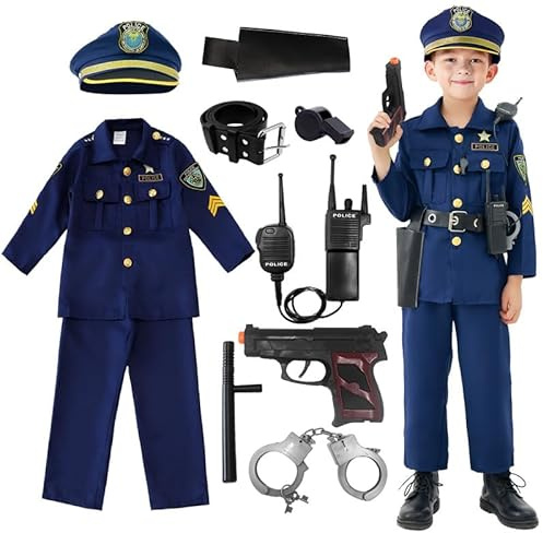 Udekit Costume da Polizia Deluxe con Manette, Walkie-talkie Fischietto, Bastone, e altri Accessori della Polizia per Abiti da Poliziotto dai 6 ai 8 Anni