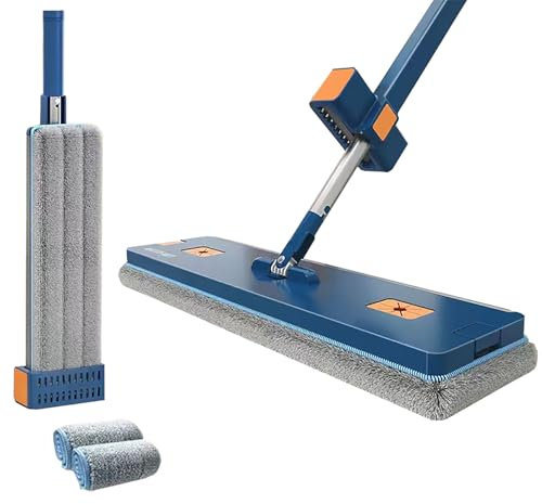 Mopa Plana Grande, mopa orientable 360°, mopa Plana Grande en seco y húmedo, mopa Plana Grande de Microfibra con Mango Largo de Acero Inoxidable (Azul + 2 paños)