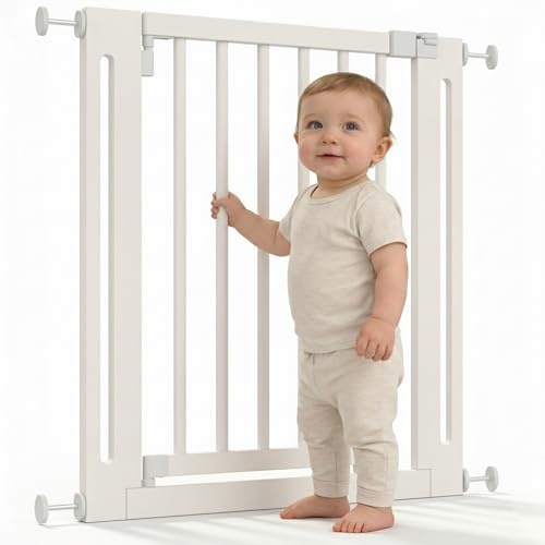 Safetots Wooden Elegance Treppenschutzgitter aus Holz Weiß – Türschutzgitter ohne Bohren – Maximale Sicherheit für Kinder & Haustiere – Stilvolles Tür- & Treppengitter 71cm - 79cm – Beidseitig öffnend