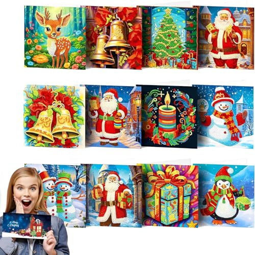 Norhogo 12 Stücke Diamond painting karten weihnachten, 5D DIY Diamond Painting Weihnachten Grußkarten, Diamant Painting Grußkarten für Freunde und Familie