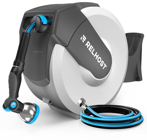 Relhost Retractable Garden Hose Reel 120 ft x 1/2 in, Heavy Duty Hose Reel Wall Mount with Any Length Lock, Auto Rewind System, 180° Swivel Bracket, 10-Pattern Garden Hose Nozzle, White & Grey