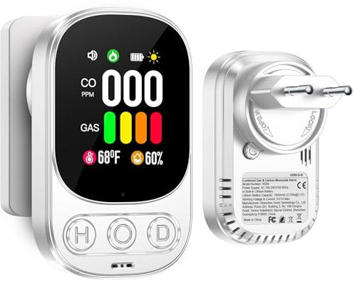 Gedsffati Gas- und CO-Melder mit Stecker für Haus, Gasmelder Gasalarm, Kohlenmonoxidmelder CO-Warner Warnmelder Zuhause, Brenngasmelder für Erdgas LPG Methan Propan Butan, Weiß, HD08-G-B