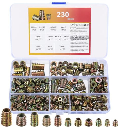 230 Pz Inserti Filettati per Legno, M4 M5 M6 M8 M10 Boccole Filettate per Legno, Dadi Esagonali Inserti Filettati Hardware, Viti a Esagono Incassato Dado Esagonale per Mobili