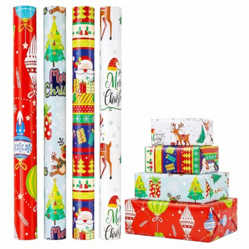 Christmas Wrapping Paper Roll,4 Roll Xmas Wrapping Paper for Decoration