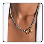 LANWLOSI Two Tone Necklace for Women Trendy Gold Carabiner Nautical Necklace Stainless Steel Mixed Metal Neck-lace Wheat Chain Choker Daily Jewelry Accessories