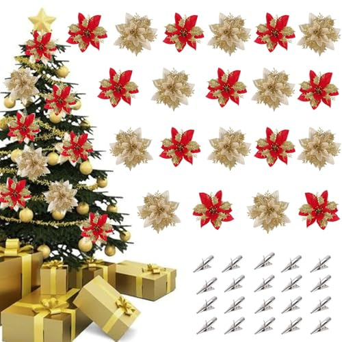 Fairblo 20 Pièces Fleurs de Poinsettia Glitter de Noël Artificielles de Fleurs de Noël Ornements avec Agrafe pour de Décorations de Sapin de Guirlandes de Mariage, Rouge et Or