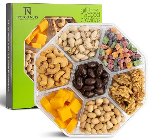 Coffret cadeau vert 7 sections - Cadeaux gourmands avec pistaches, noix de cajou, cacahuètes, mini-cubes de mangue, bouchées de mangue, noix et amandes au chocolat