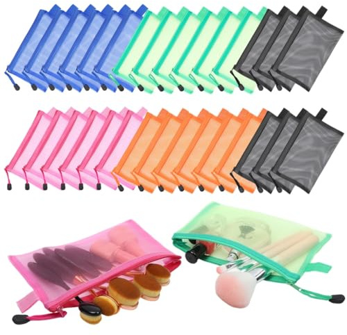A6 Mesh Pouches with Zippers, 30 Pcs Varied Zippered Bags, See Through Nylon Coetic Organizers, Portable Zip Wallets for Office, School, Travel, Stationery Storage